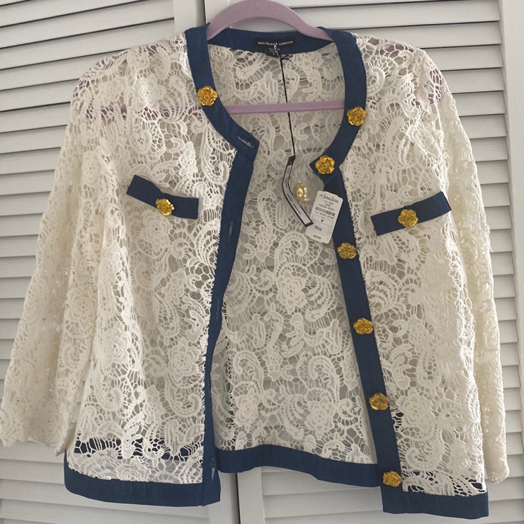 Ivory Lace Cardigan With Denim Trim, Gold Buttons Nwt